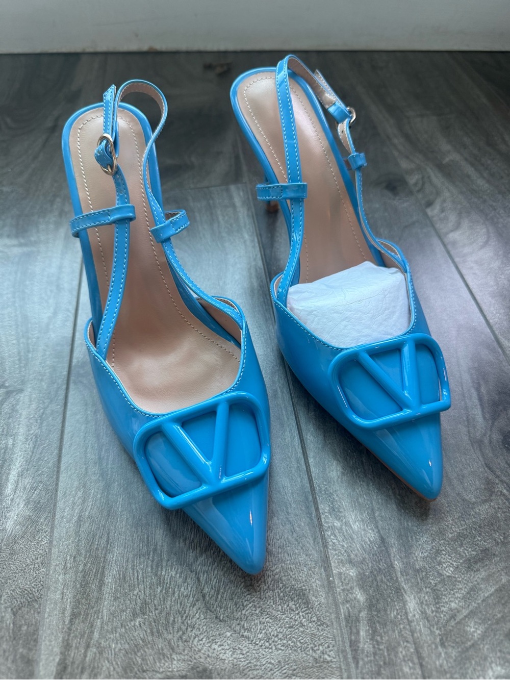 Blue Patent Slingback Pointed-Toe Pumps
